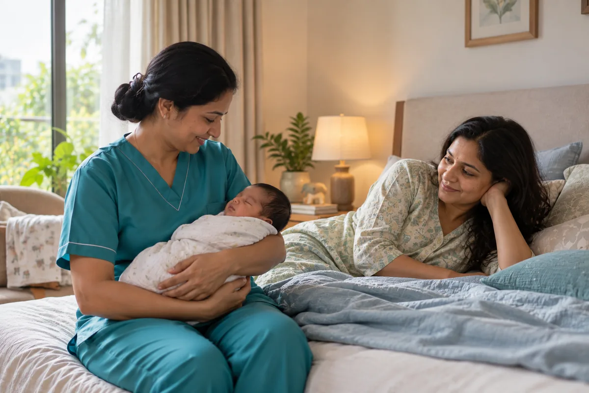 A baby care attendant holding a sleeping newborn while the mother rests nearby