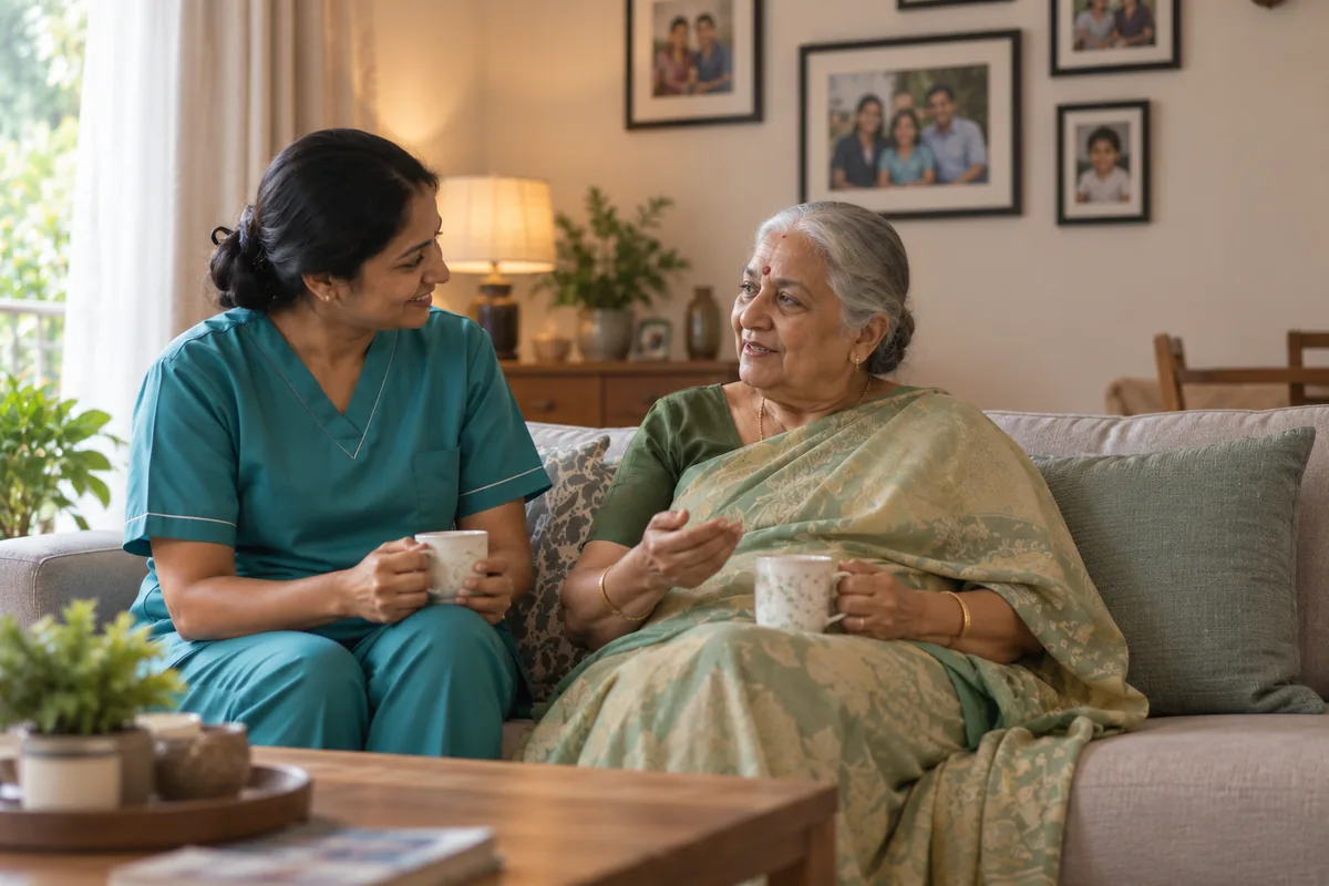 A caregiver and an elderly woman sitting together over cups of tea at home