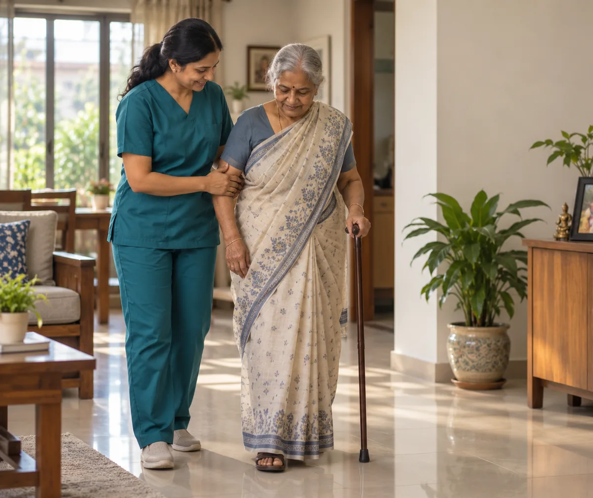 A caregiver steadying an elderly woman as she walks across her living room with a walking stick