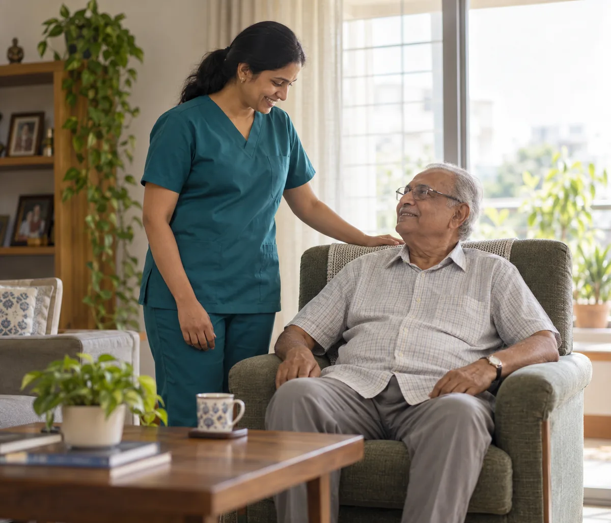 A home caregiver in teal scrubs standing beside an elderly man seated in an armchair in his living room